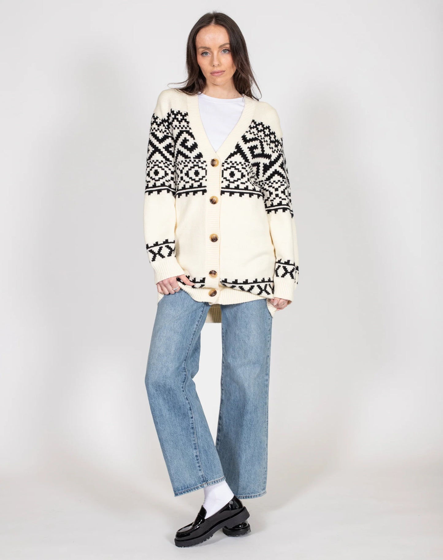Brunette the Label Fair Isle Oversized Knit Cardigan | Cream