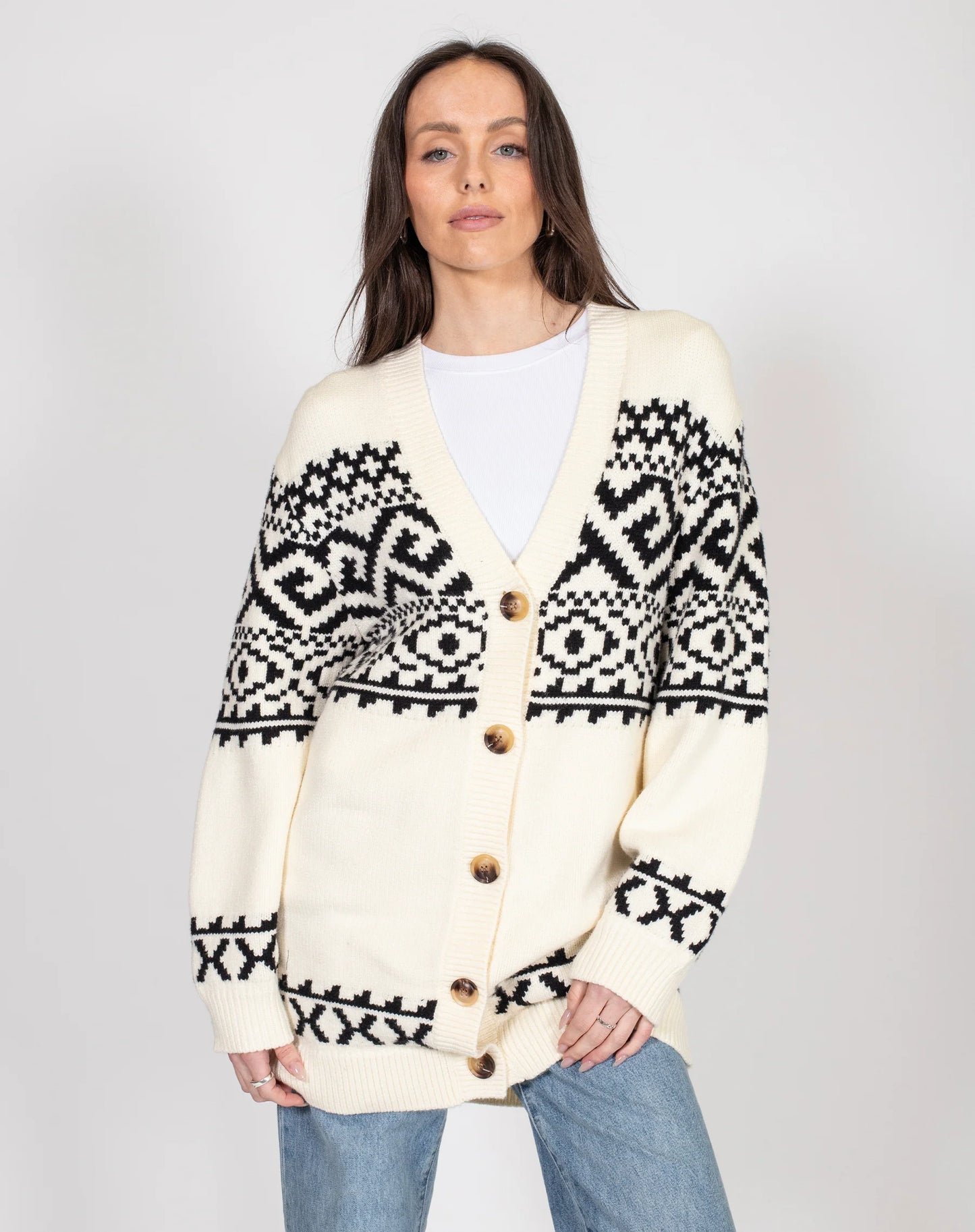Brunette the Label Fair Isle Oversized Knit Cardigan | Cream