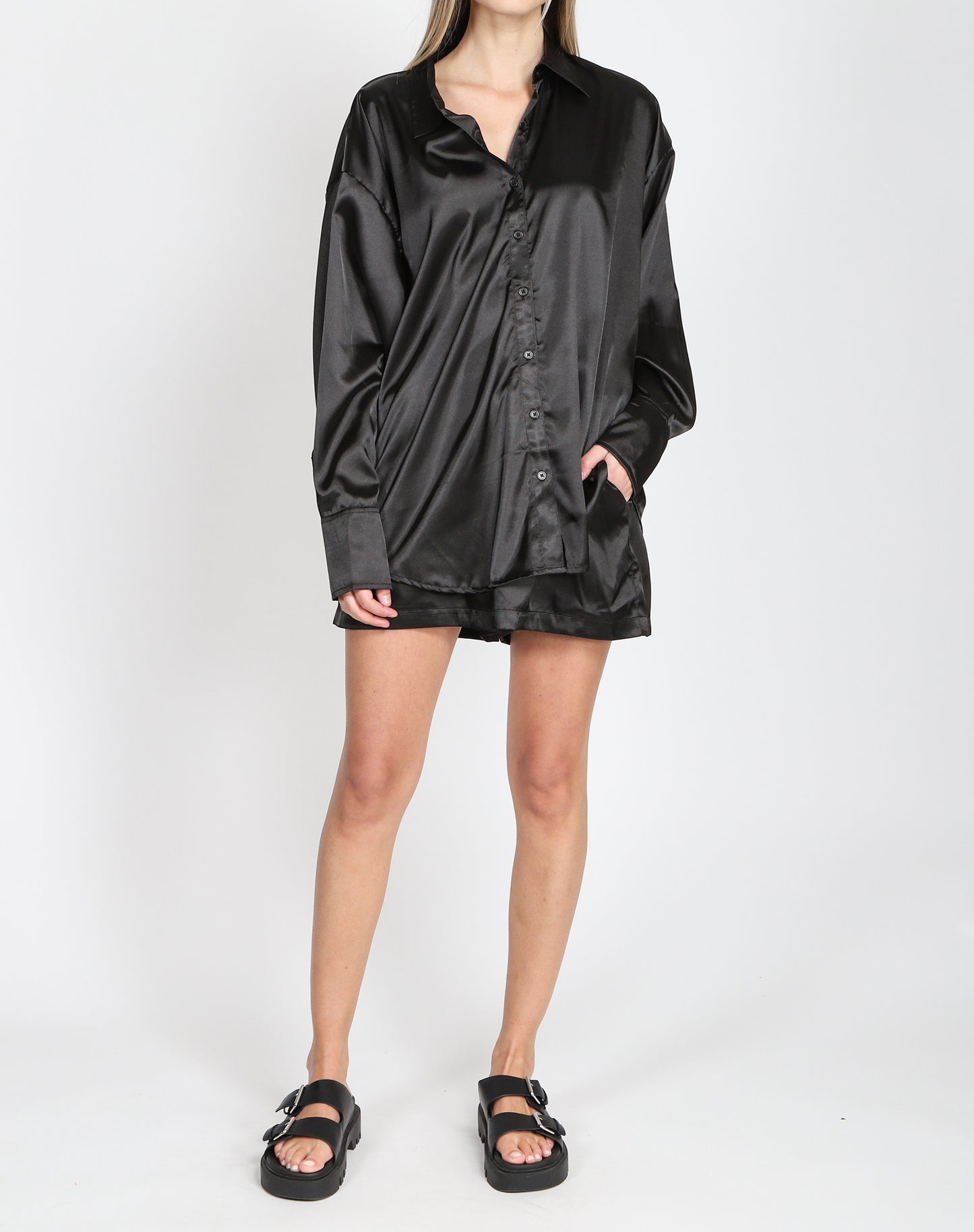 Brunette the Label The "BIANCA" Silk Button Up Shirt | True Black