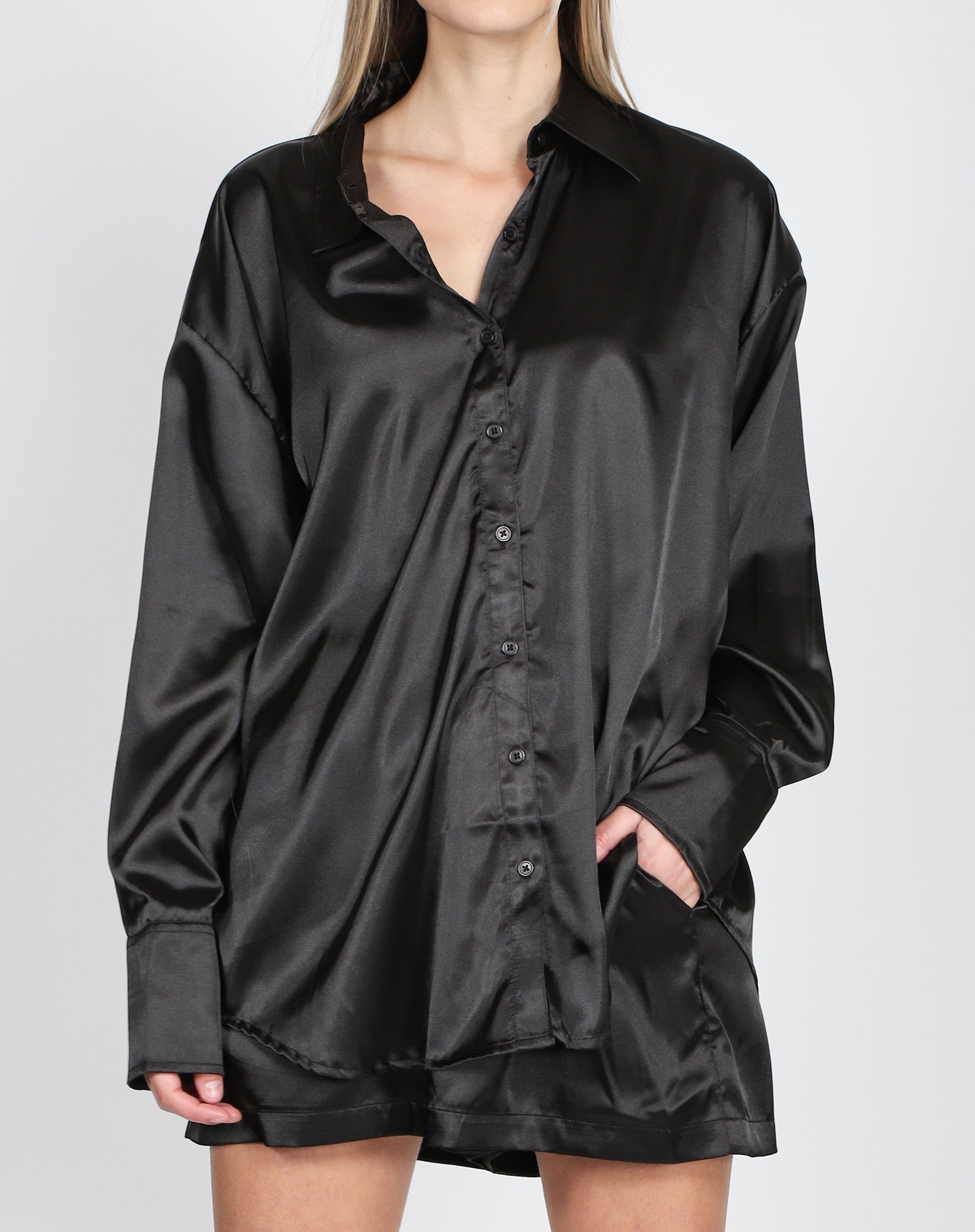 Brunette the Label The "BIANCA" Silk Button Up Shirt | True Black