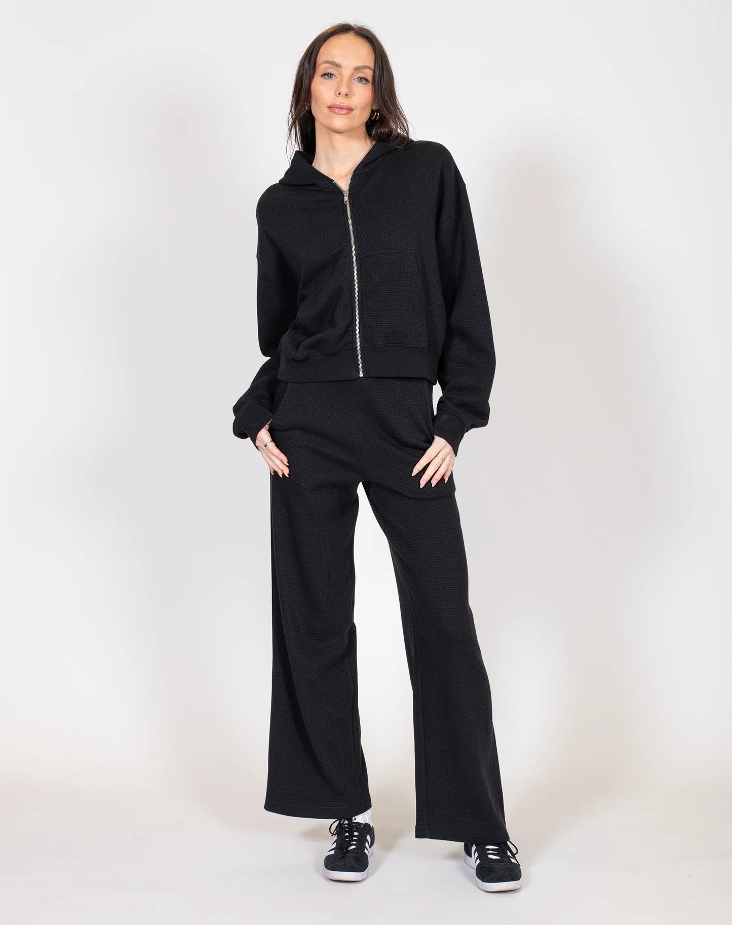 Brunette the Label Waffle Knit Full Zip Middle Sister Hoodie | Black