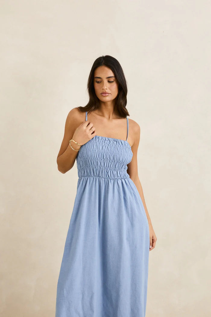 Rhythm Steel Blue Classic Shirred Midi Dress
