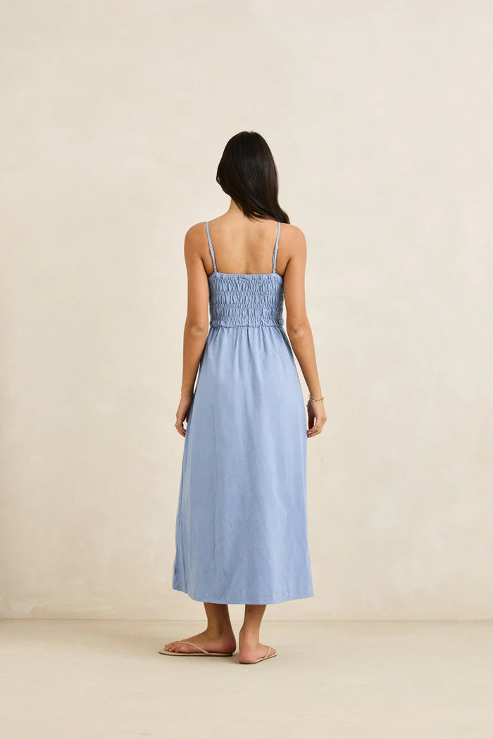 Rhythm Steel Blue Classic Shirred Midi Dress