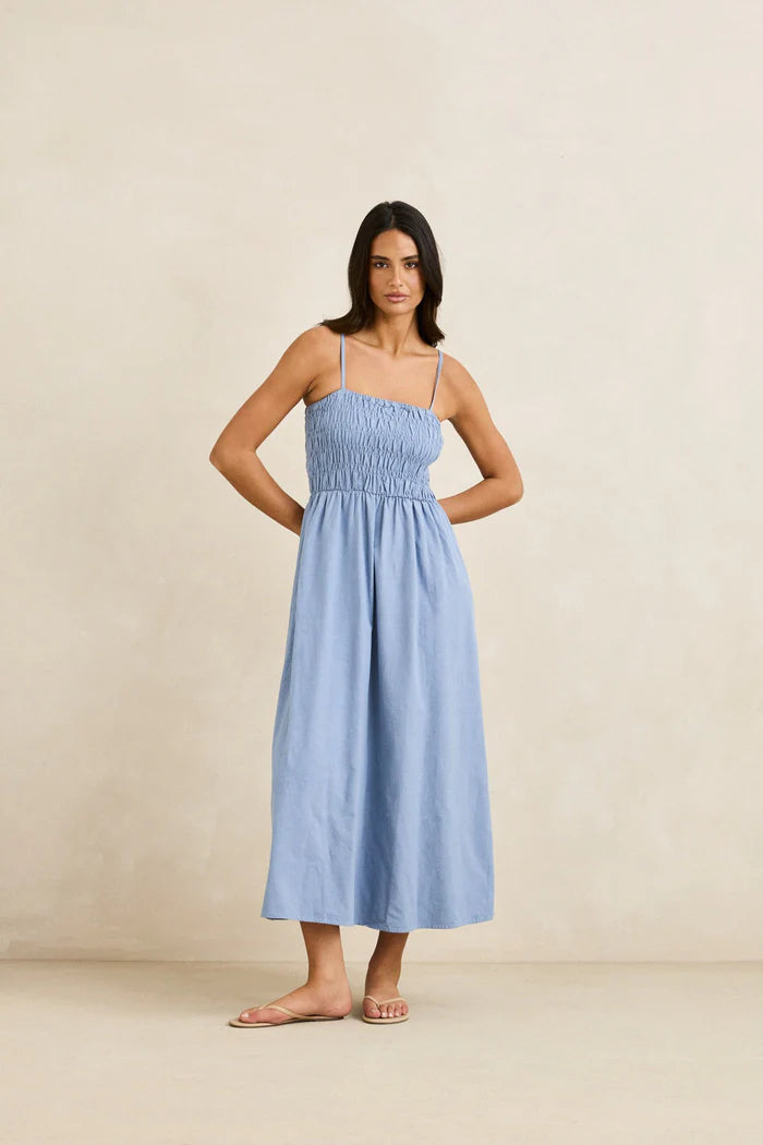 Rhythm Steel Blue Classic Shirred Midi Dress