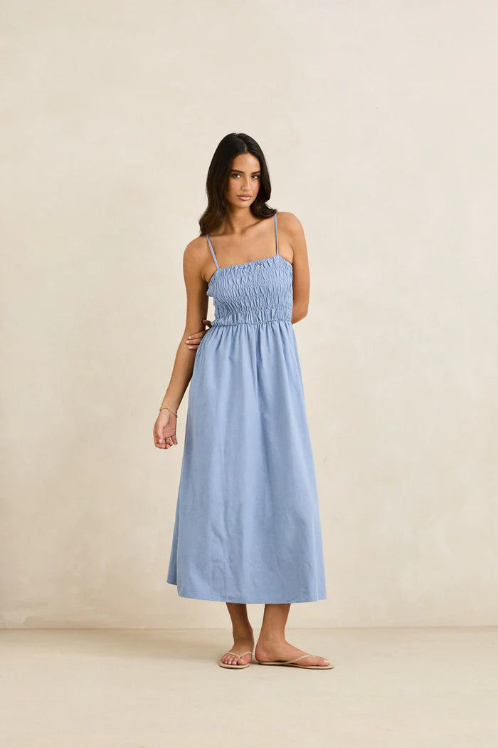 Rhythm Steel Blue Classic Shirred Midi Dress