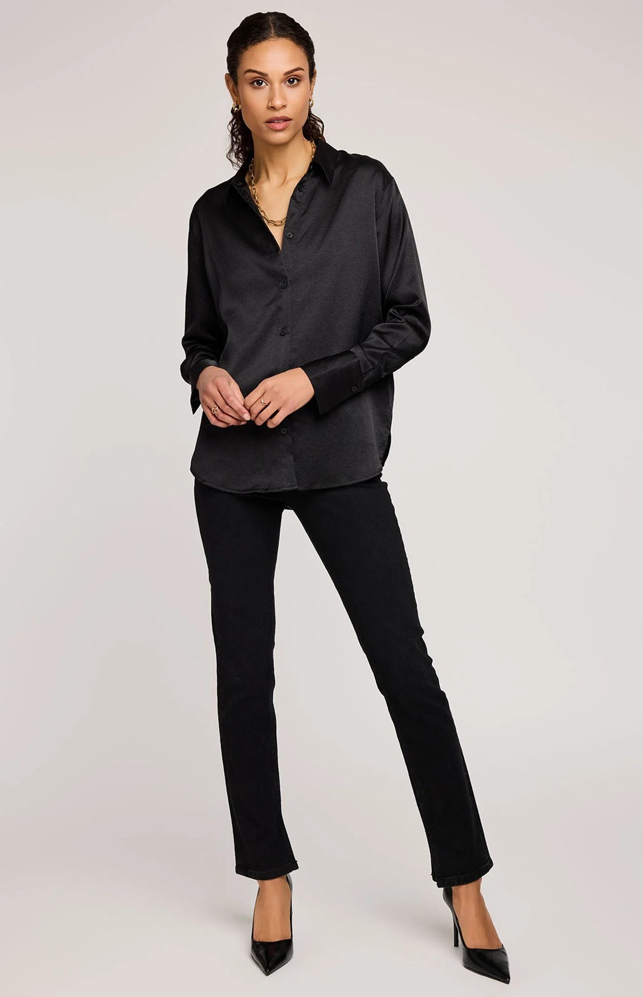 Gentle Fawn Black Simone Satin Button Down Shirt
