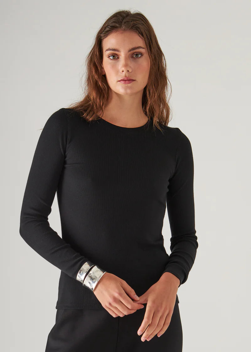 Patrick Assaraf Black Cotton Modal Ribbed Long Sleeve