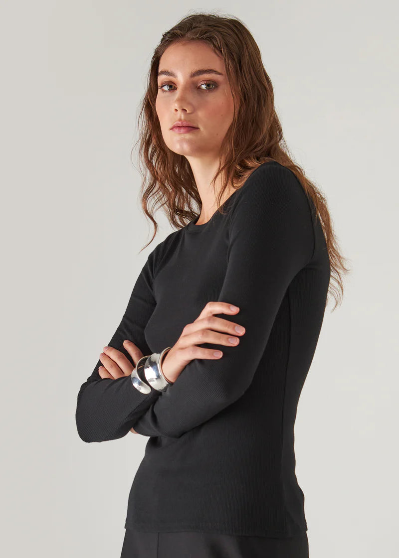 Patrick Assaraf Black Cotton Modal Ribbed Long Sleeve