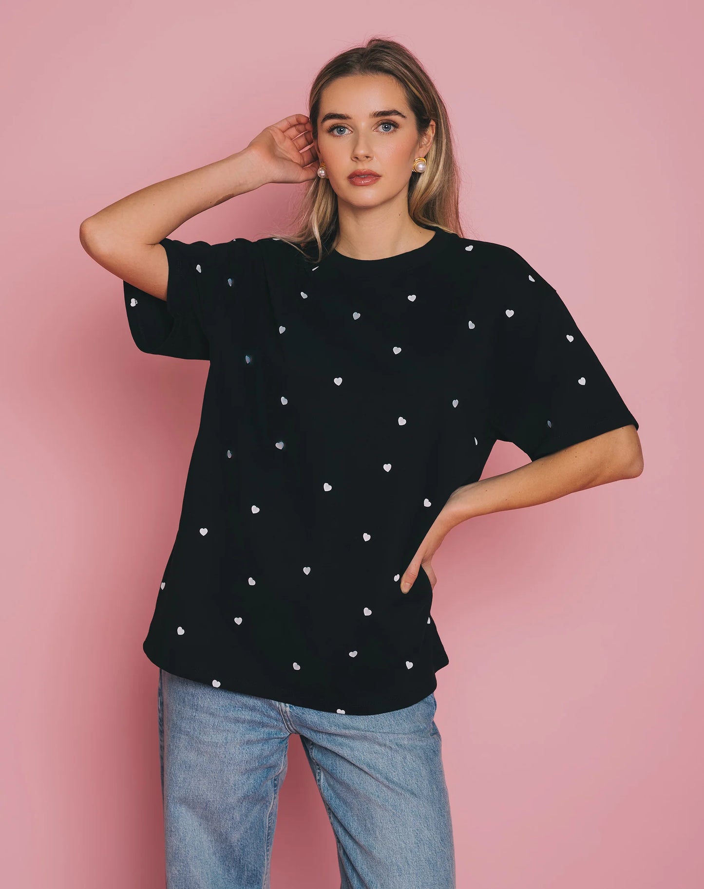 Brunette the Label Tiny Heart Oversized Boxy Tee | Black