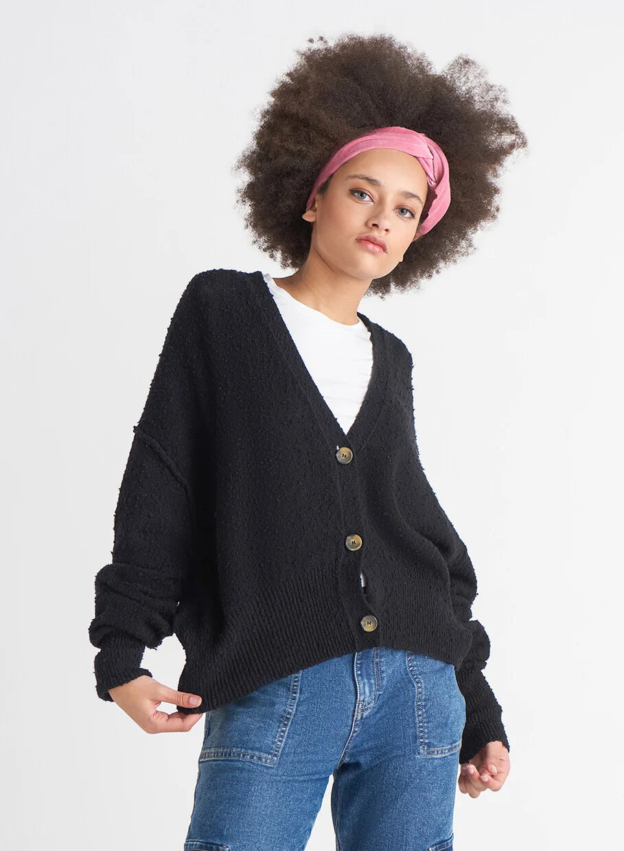 Dex Black Boucle Button Front Cardigan