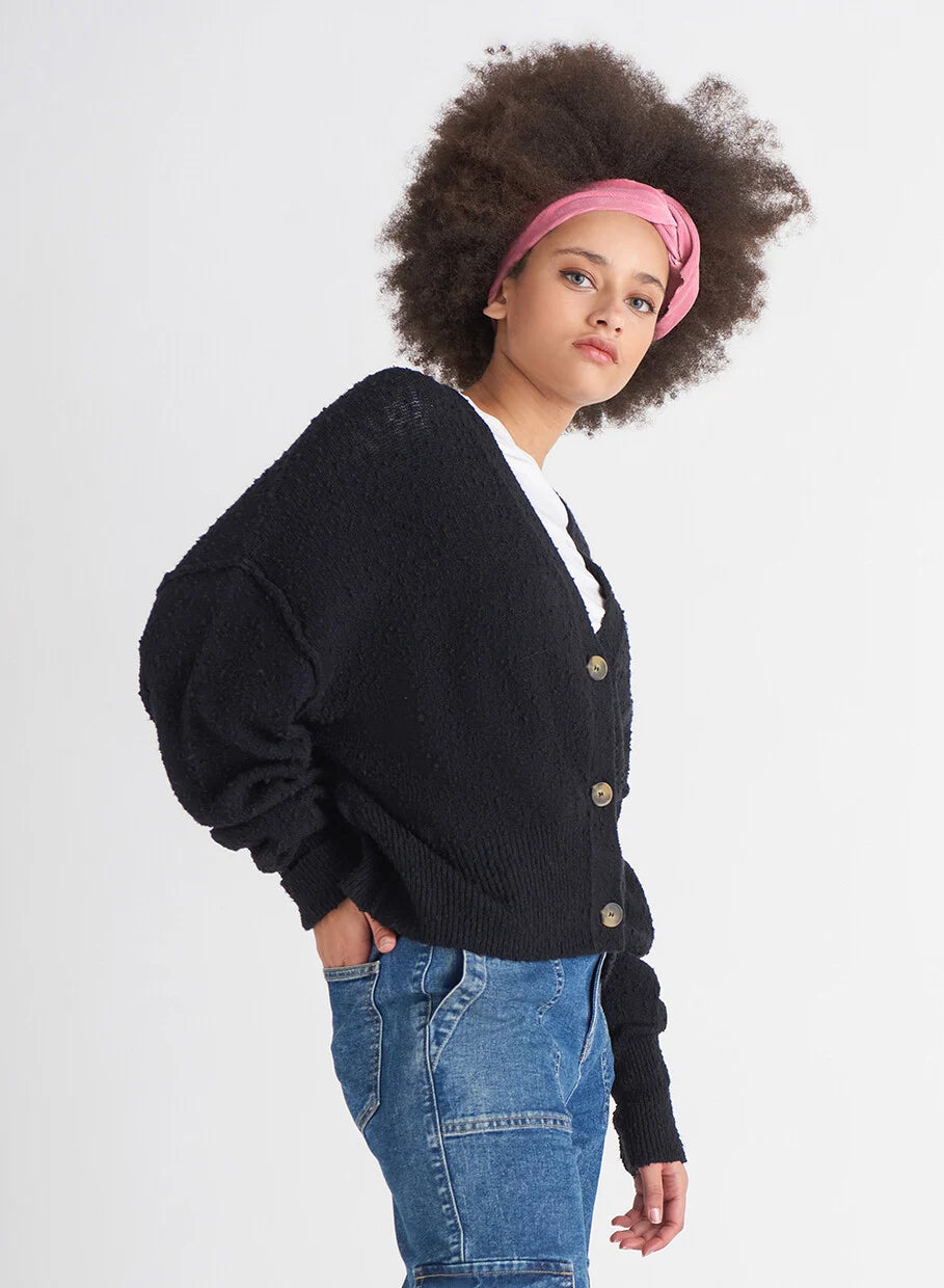 Dex Black Boucle Button Front Cardigan