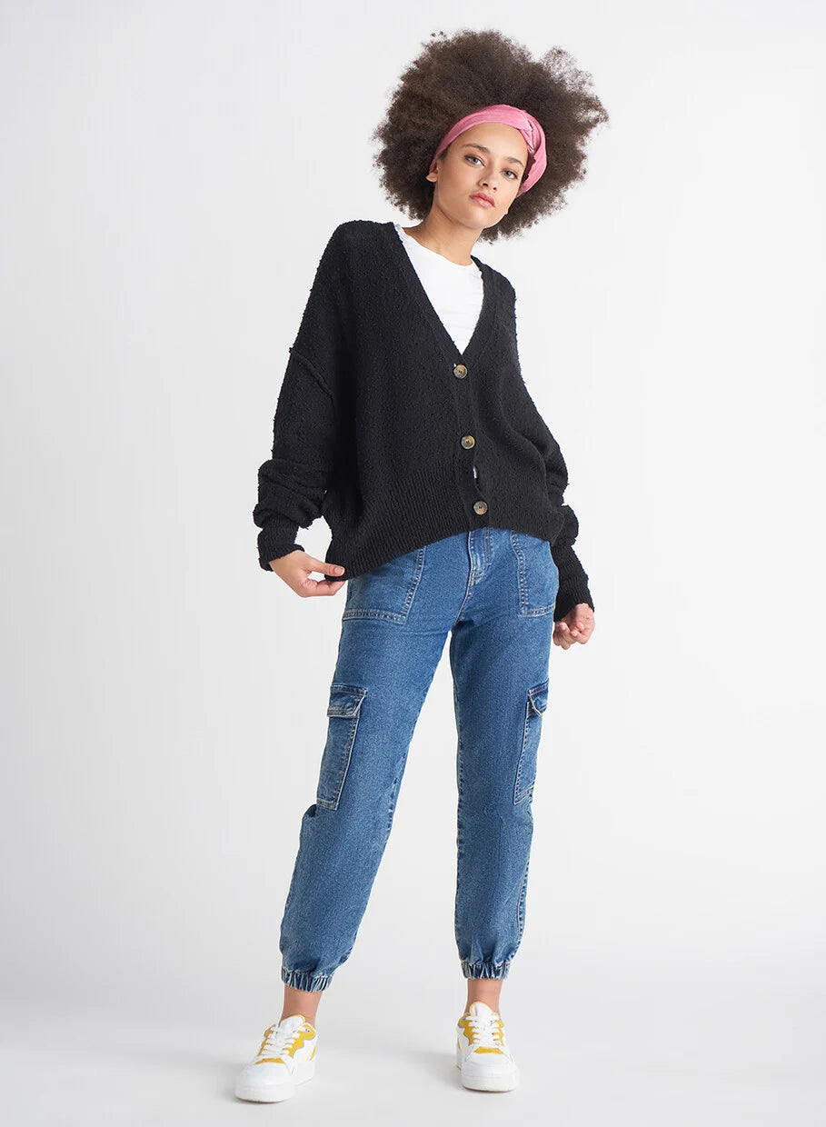Dex Black Boucle Button Front Cardigan