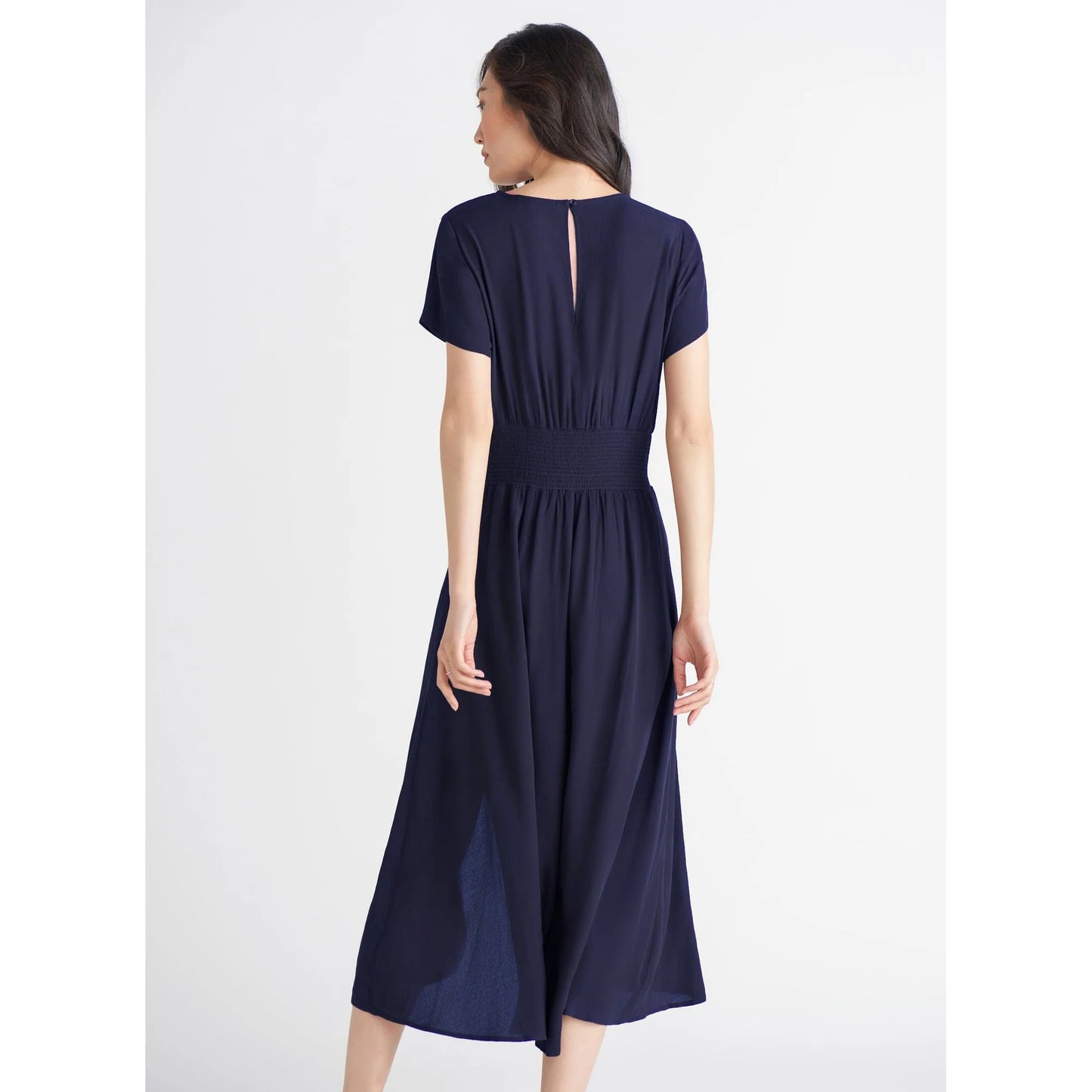Dex Navy Smocked Waist Midi Dress
