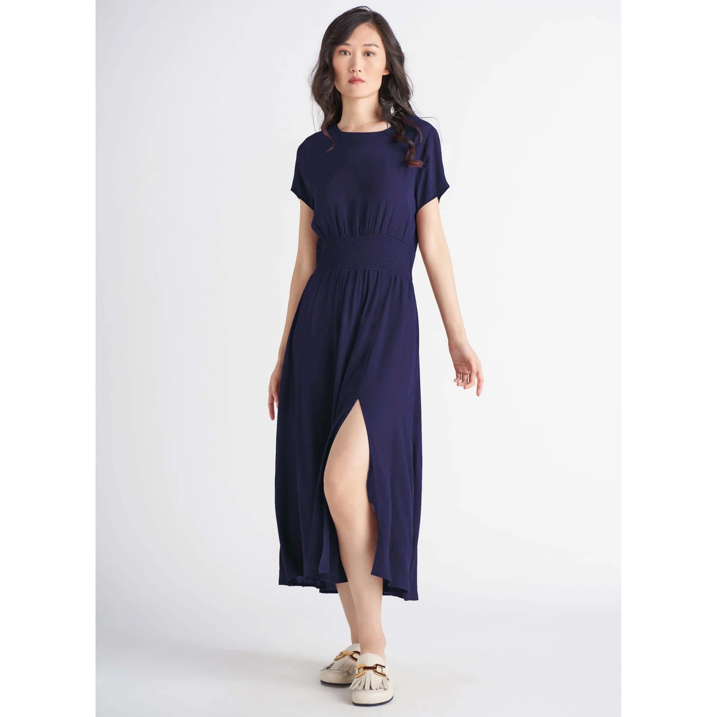 Dex Navy Smocked Waist Midi Dress