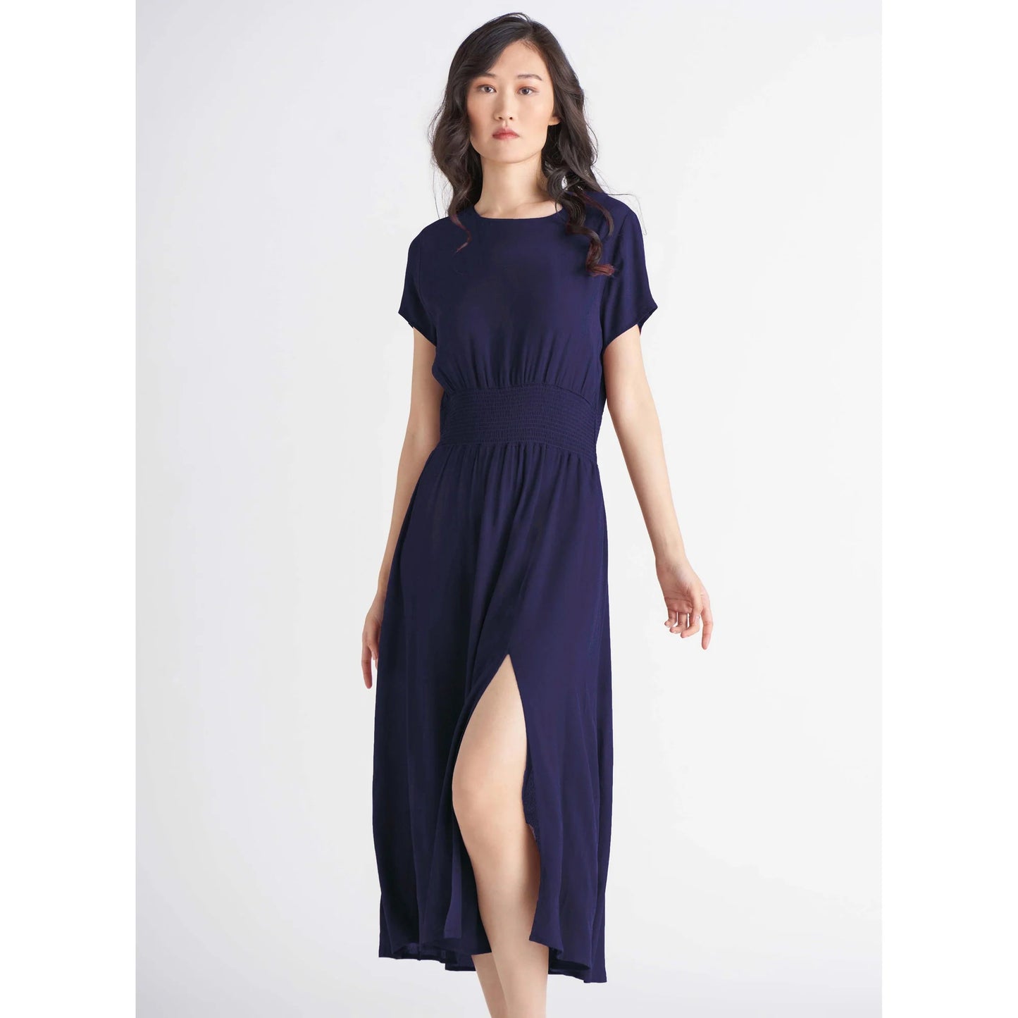 Dex Navy Smocked Waist Midi Dress