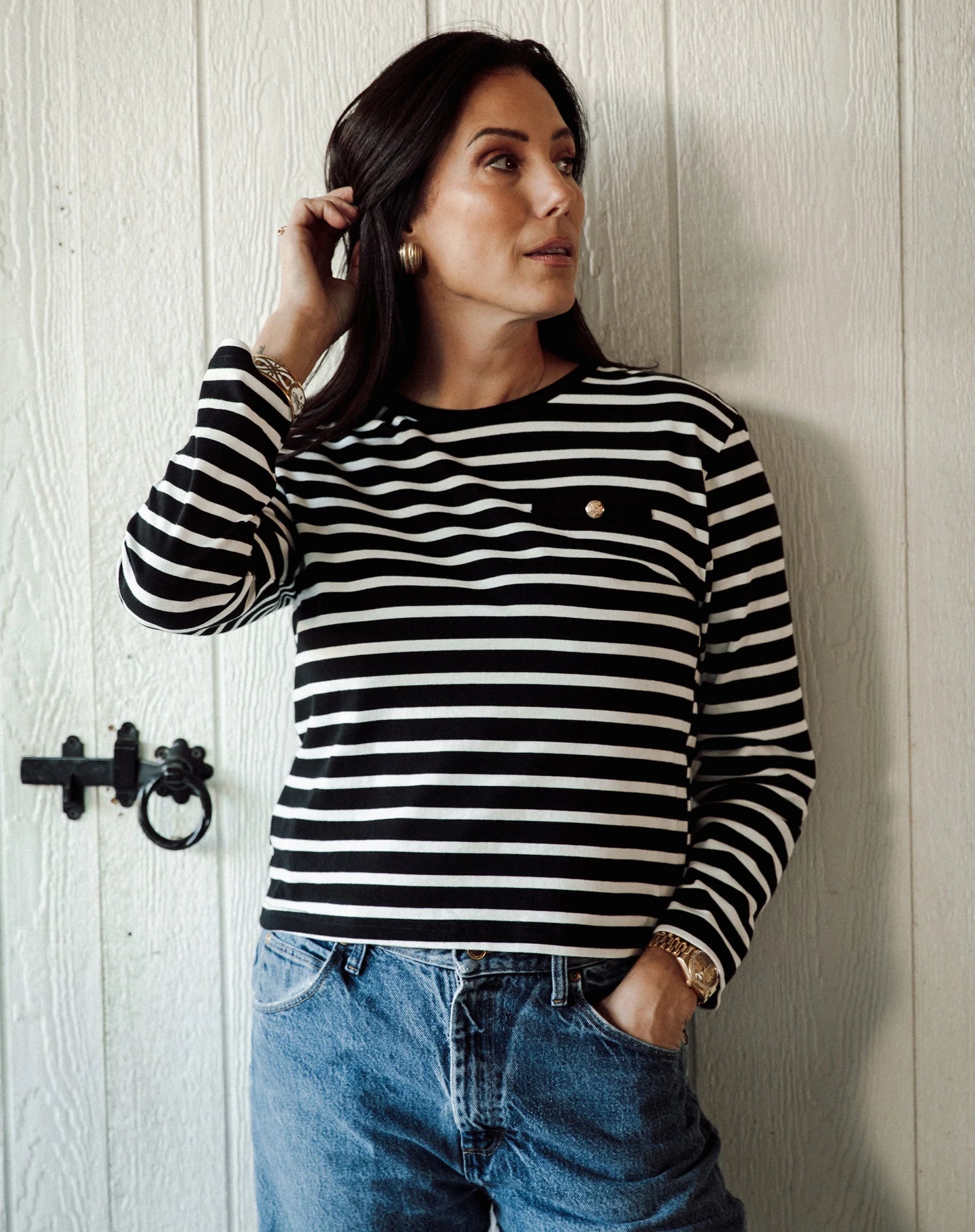 Brunette the Label Striped Long Sleeve with Gold Button