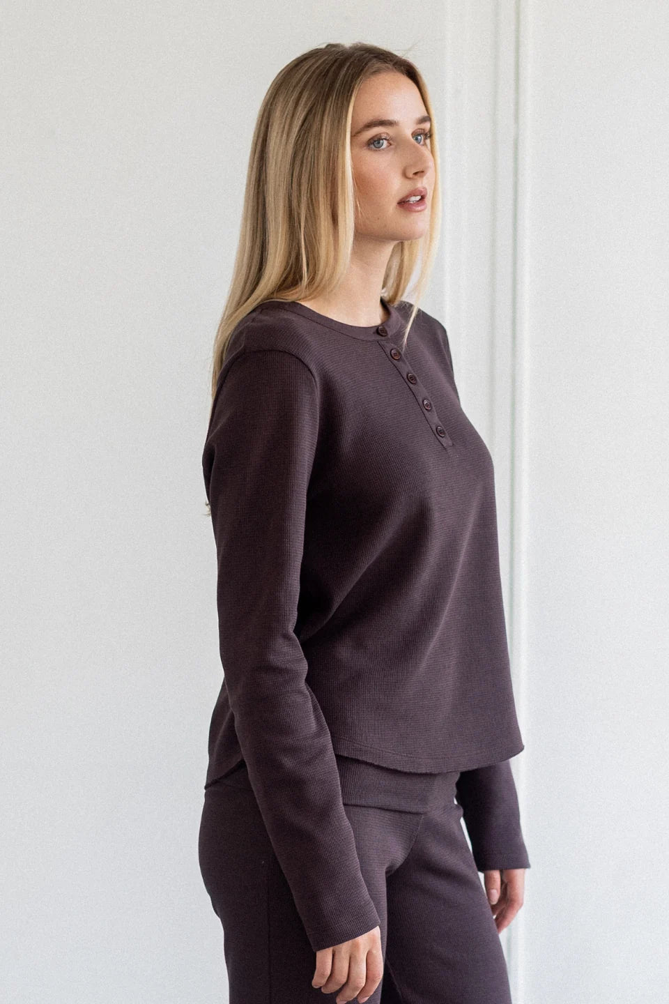 Brunette the Label Waffle Henley Top | Espresso