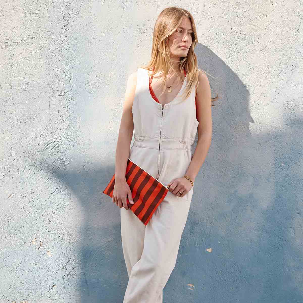 Rose in April Lili Flat Pouch Stripes Brown / Tomato