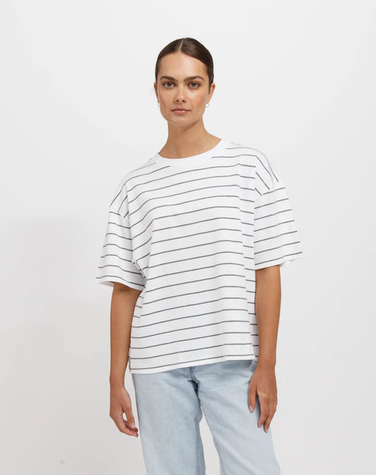 Brunette the Label Boxy Tee | White & Classic Grey Stripe