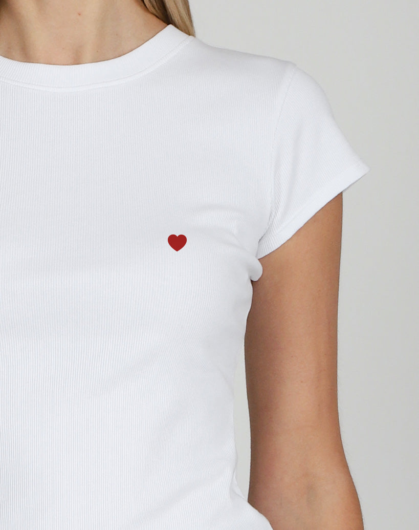 Brunette the Label The "HEART" Ribbed Fitted Tee | White with Red