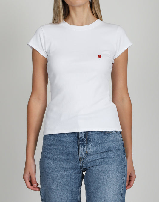 Brunette the Label The "HEART" Ribbed Fitted Tee | White with Red