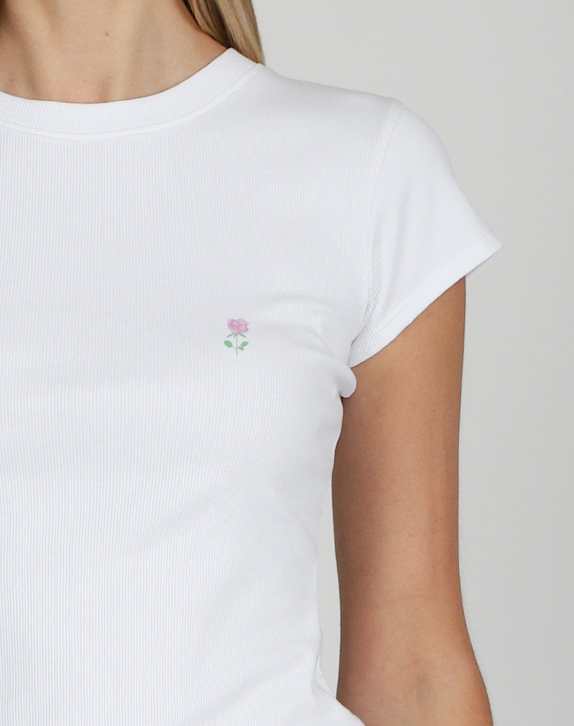 Brunette the Label The "Rose" Ribbed Fitted Tee | White with Baby Pink