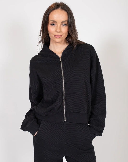 Brunette the Label Waffle Knit Full Zip Middle Sister Hoodie | Black