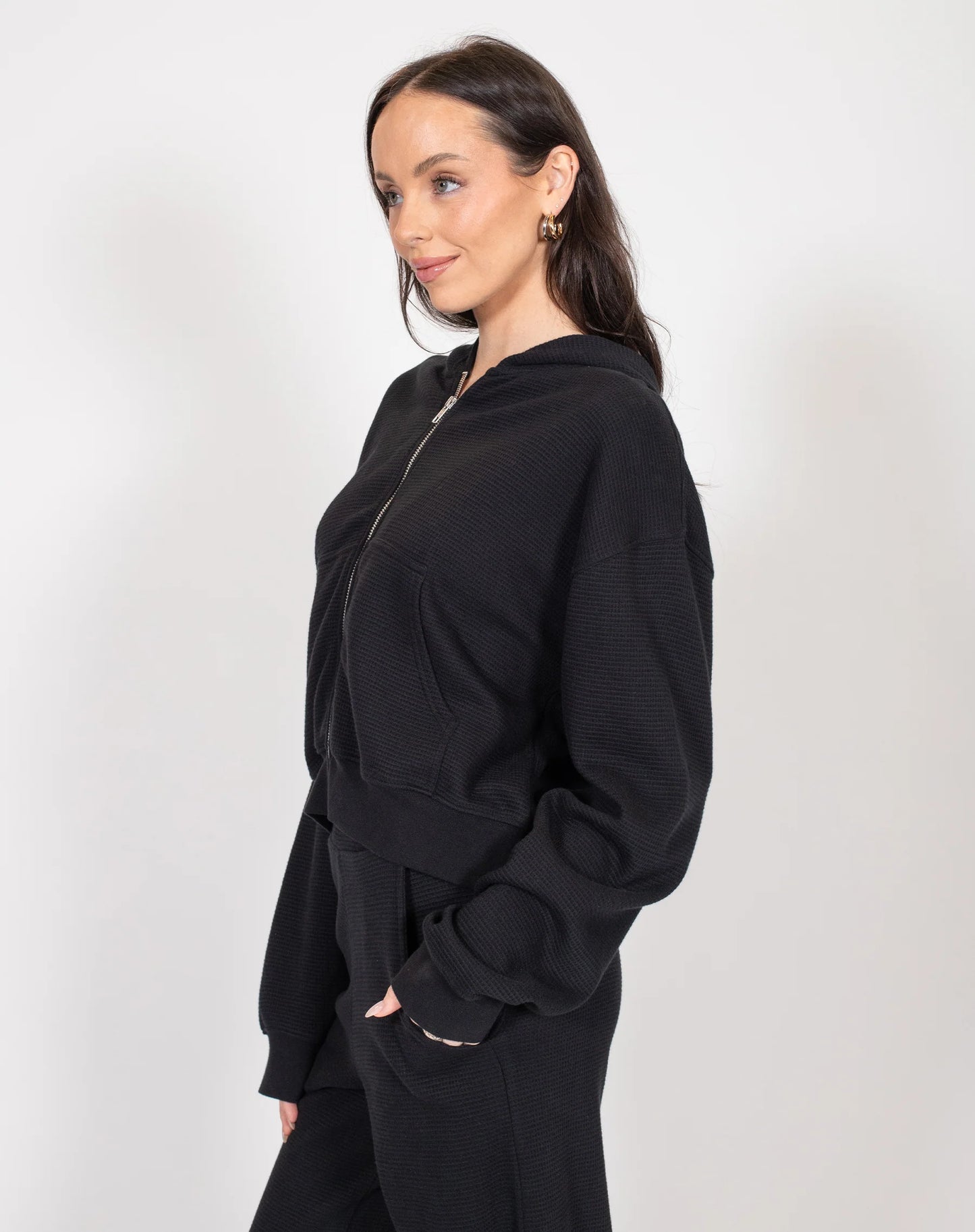 Brunette the Label Waffle Knit Full Zip Middle Sister Hoodie | Black