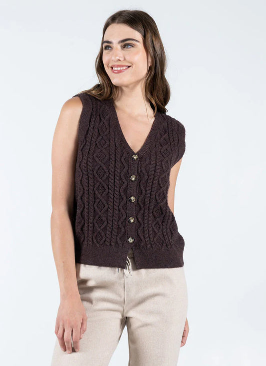 C'est Moi Coffee Button Down Cable Knit Vest