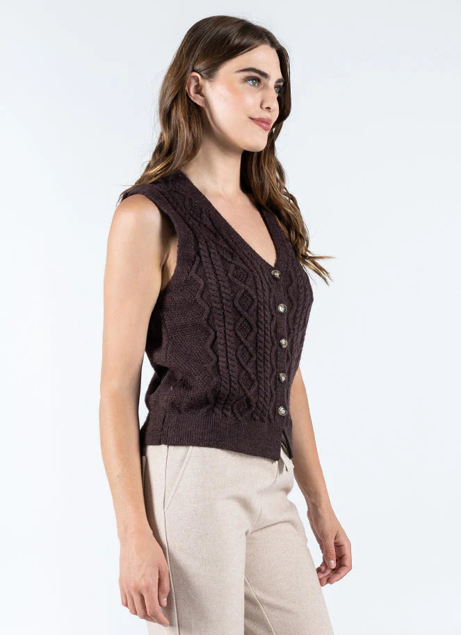 C'est Moi Coffee Button Down Cable Knit Vest