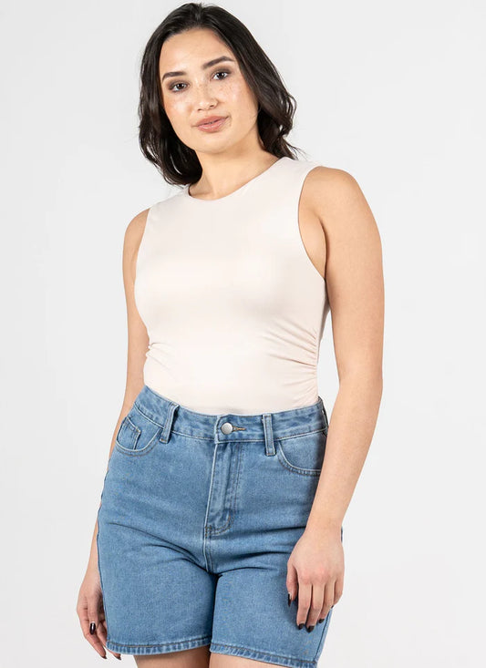 C'est Moi Bone Ruched Crew Neck Top