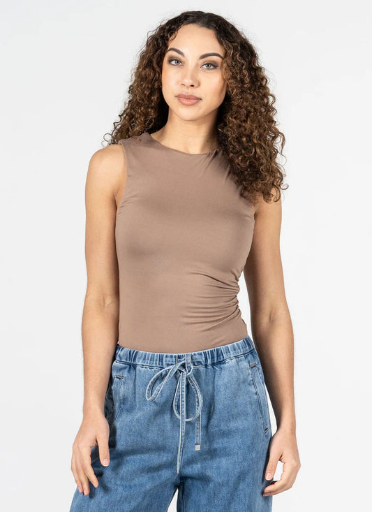 C'est Moi Taupe Ruched Crew Neck Top