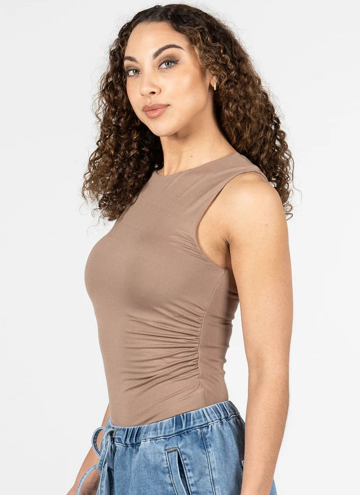 C'est Moi Taupe Ruched Crew Neck Top