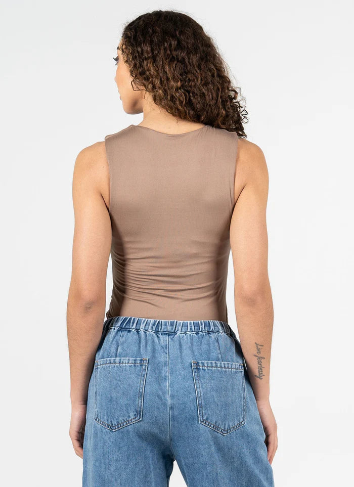 C'est Moi Taupe Ruched Crew Neck Top