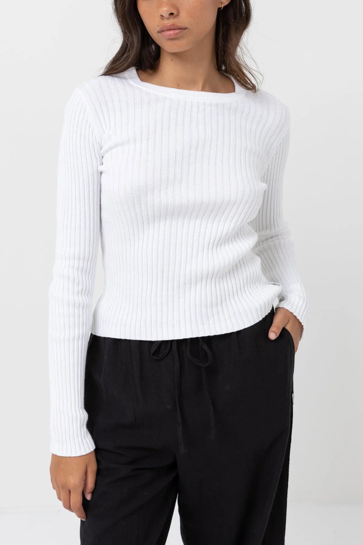 Rhythm White Classic Knit Long Sleeve Top