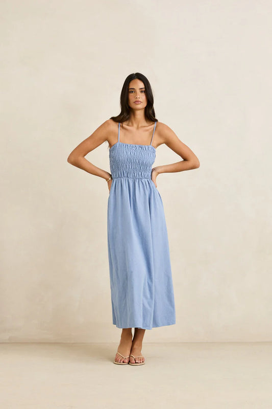 Rhythm Steel Blue Classic Shirred Midi Dress