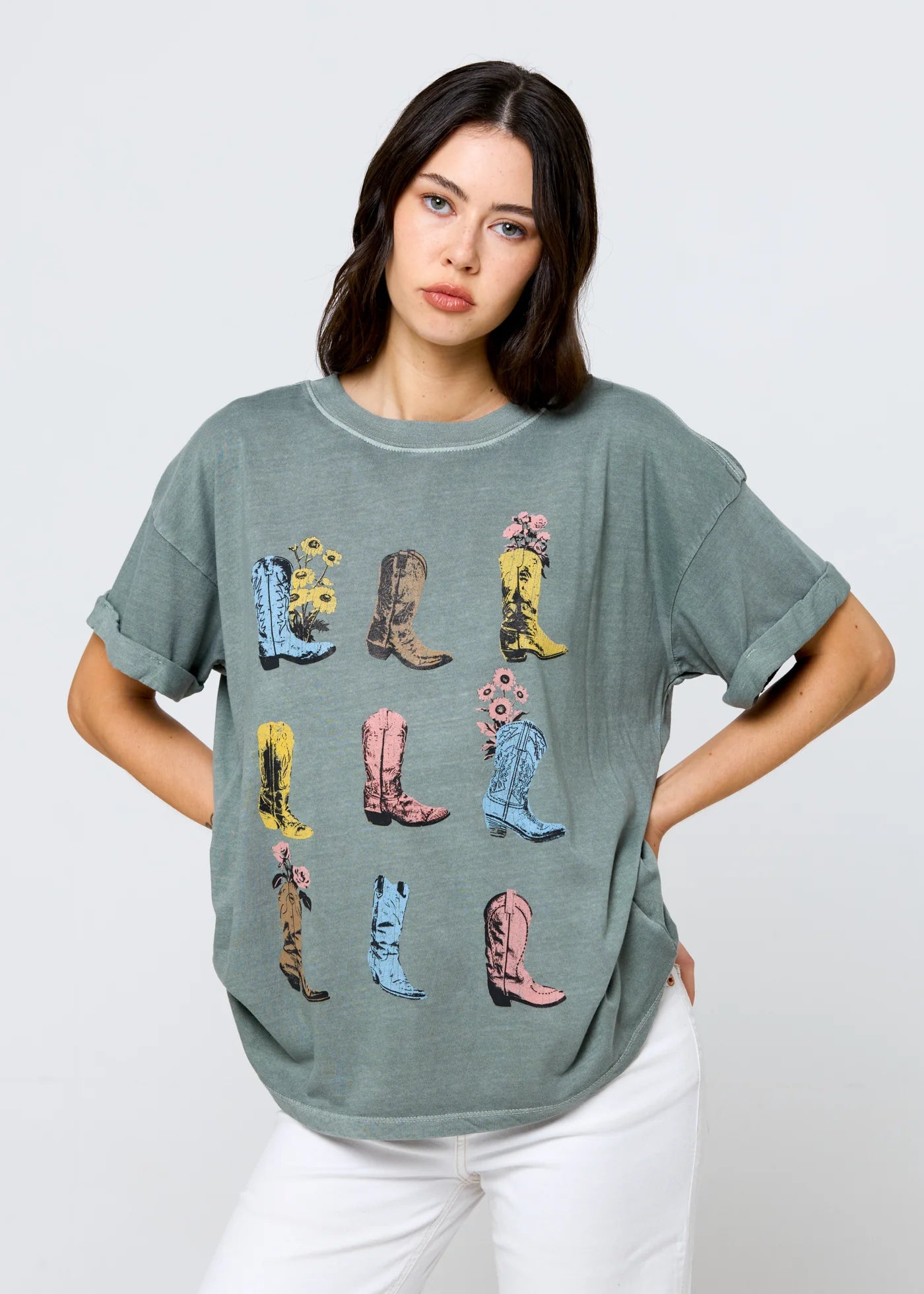 Girl Dangerous Cowboy Boots & Flowers Boyfriend Tee