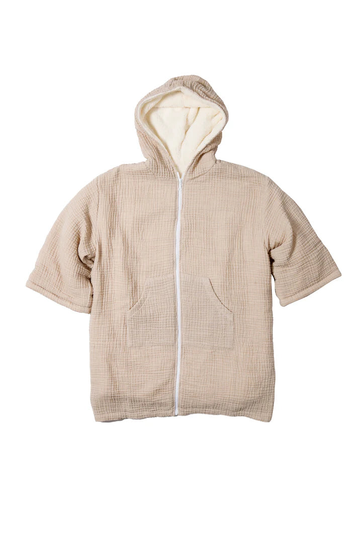 Tofino Towel Co. The Polar Fleece-Lined Muslin Zip Poncho- Beige