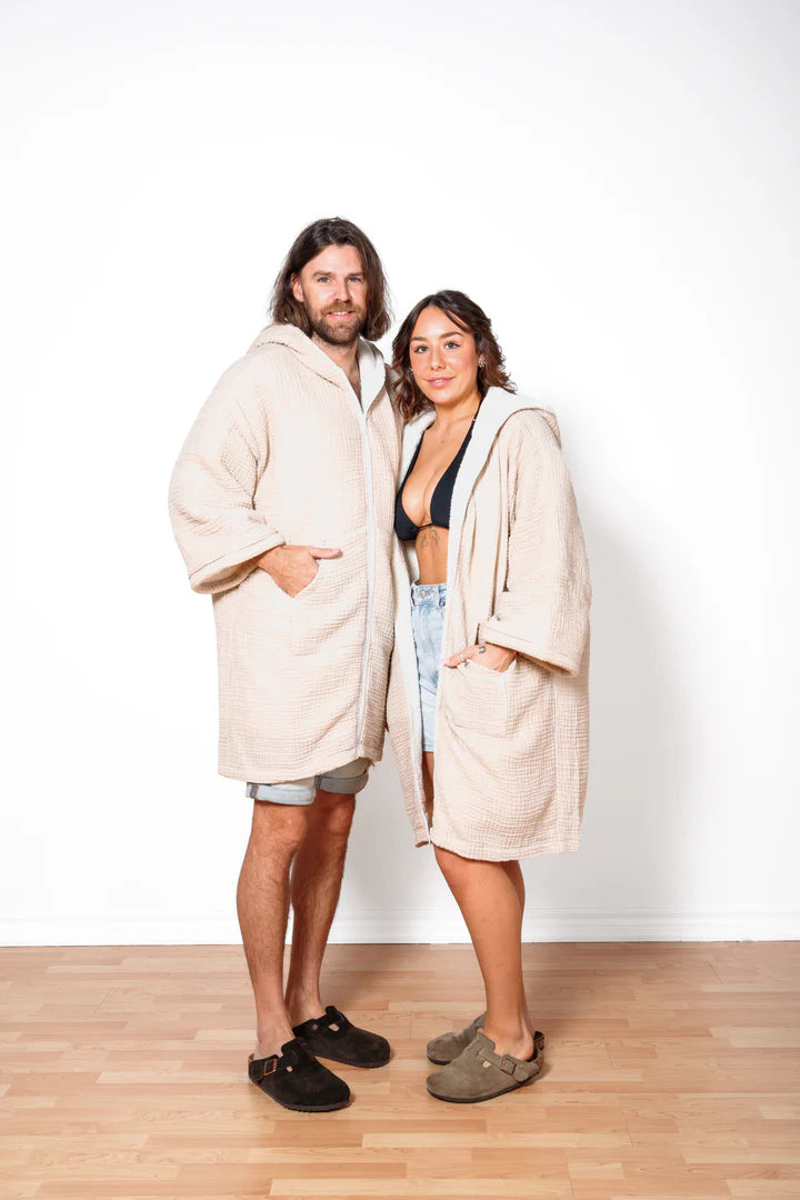 Tofino Towel Co. The Polar Fleece-Lined Muslin Zip Poncho- Beige