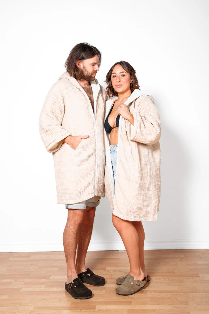 Tofino Towel Co. The Polar Fleece-Lined Muslin Zip Poncho- Beige