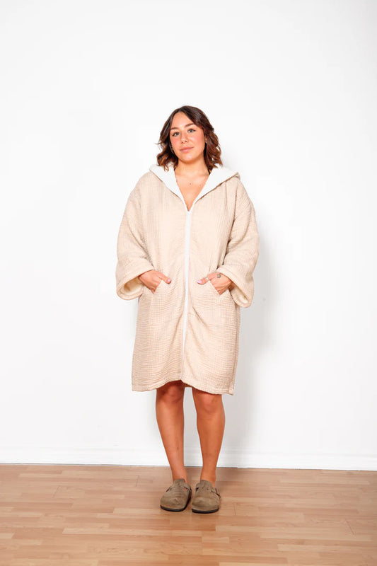 Tofino Towel Co. The Polar Fleece-Lined Muslin Zip Poncho- Beige