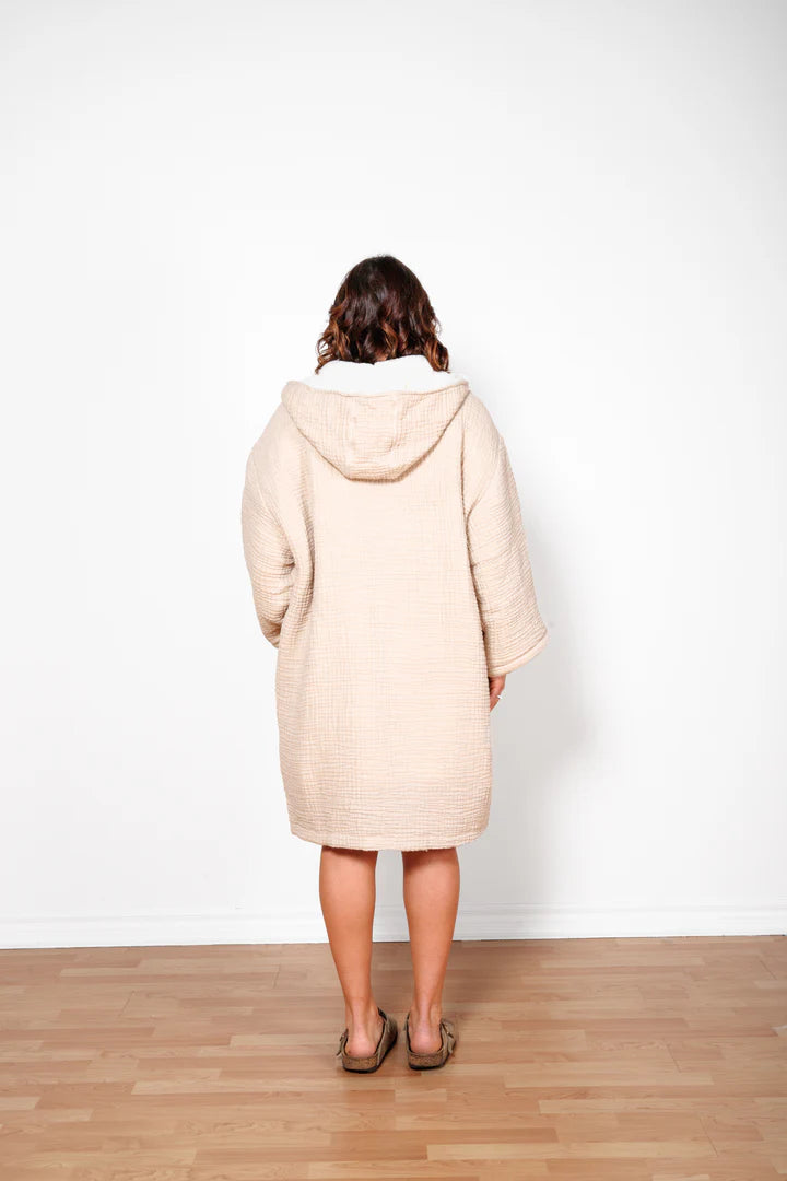 Tofino Towel Co. The Polar Fleece-Lined Muslin Zip Poncho- Beige