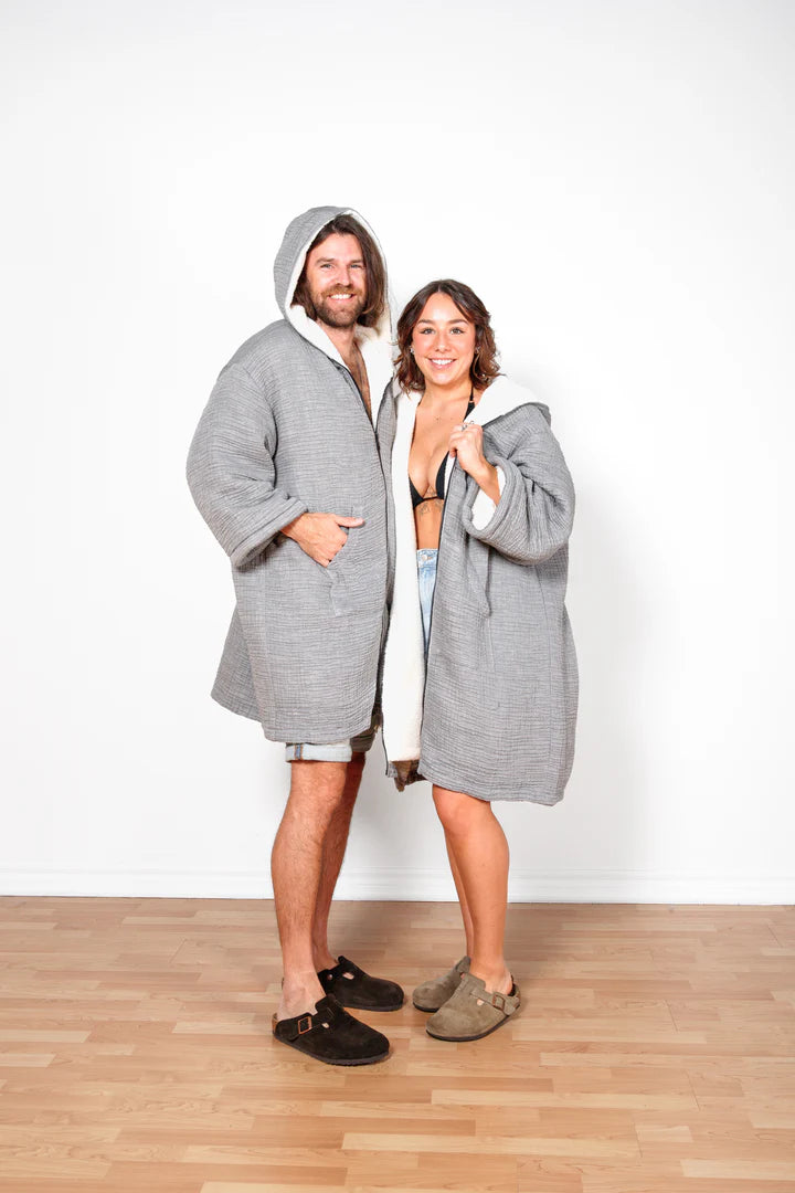 Tofino Towel Co. The Polar Fleece-Lined Muslin Zip Poncho- Grey