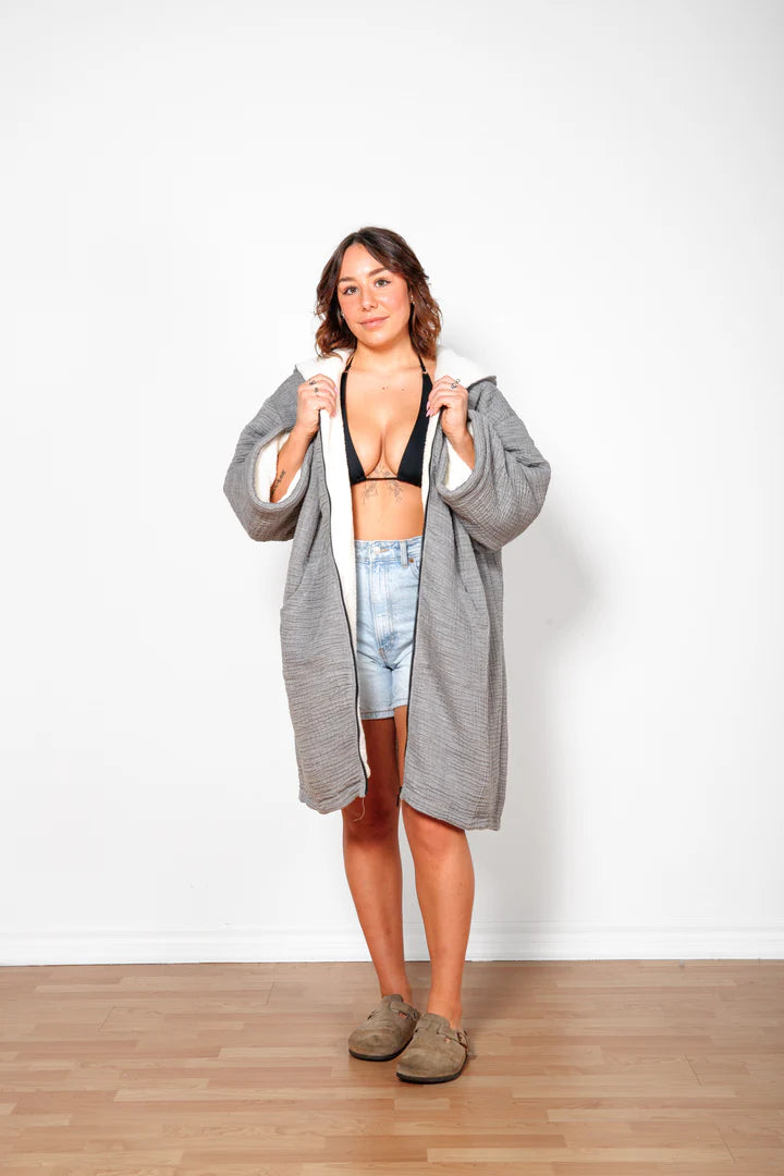 Tofino Towel Co. The Polar Fleece-Lined Muslin Zip Poncho- Grey