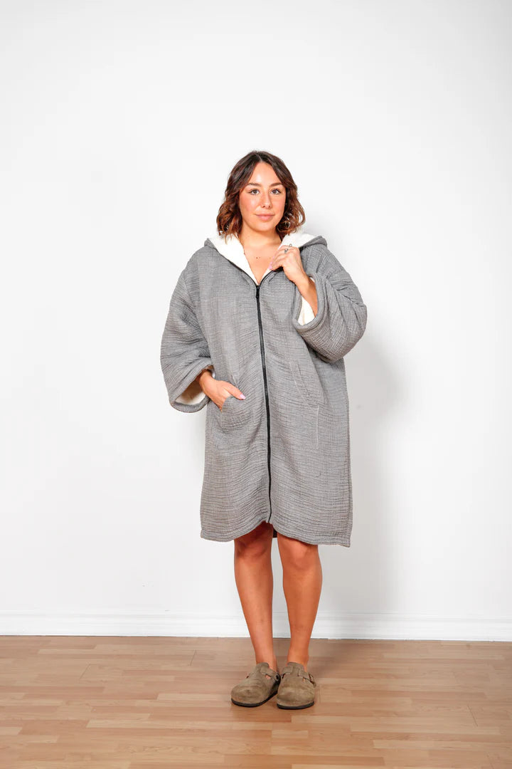 Tofino Towel Co. The Polar Fleece-Lined Muslin Zip Poncho- Grey