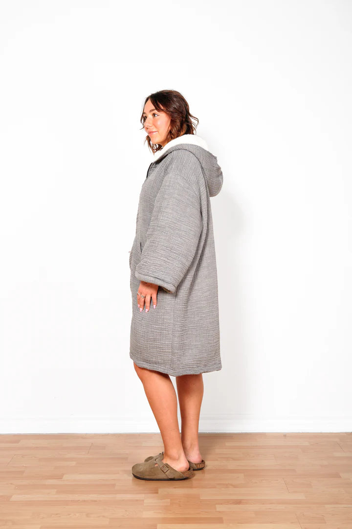 Tofino Towel Co. The Polar Fleece-Lined Muslin Zip Poncho- Grey