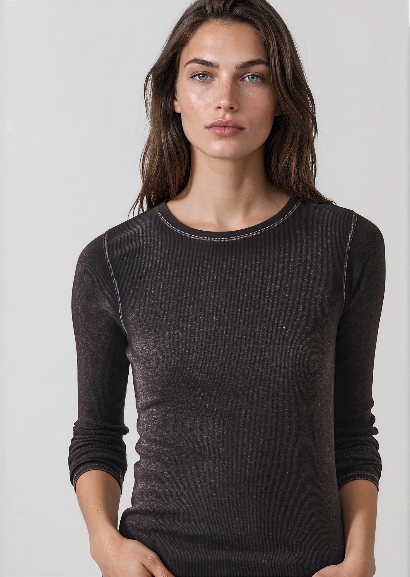 Patrick Assaraf Molasses Vintage Wash Pima Cotton Ribbed Long Sleeve