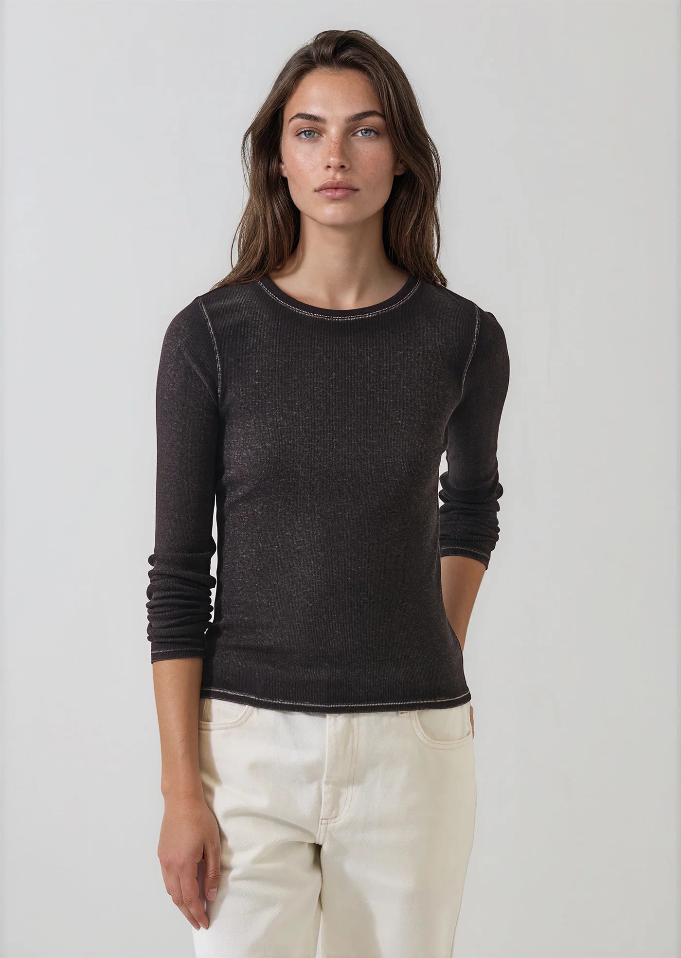 Patrick Assaraf Molasses Vintage Wash Pima Cotton Ribbed Long Sleeve