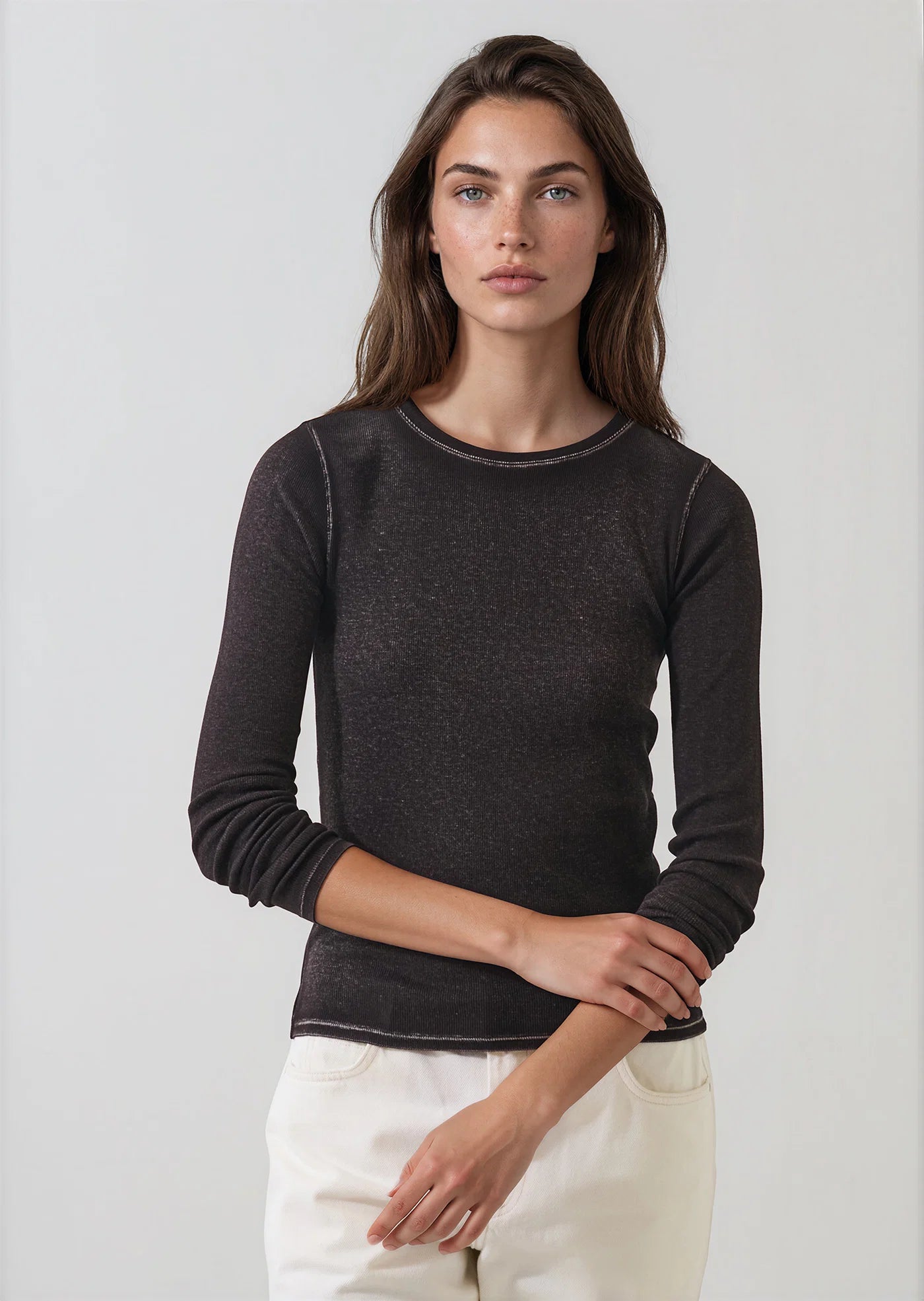 Patrick Assaraf Molasses Vintage Wash Pima Cotton Ribbed Long Sleeve