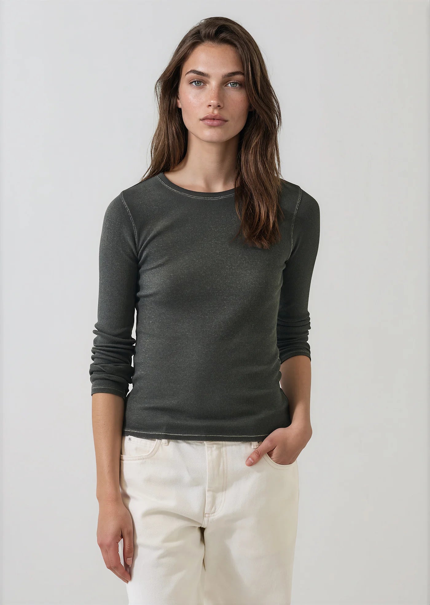 Patrick Assaraf Thyme Vintage Wash Pima Cotton Ribbed Long Sleeve